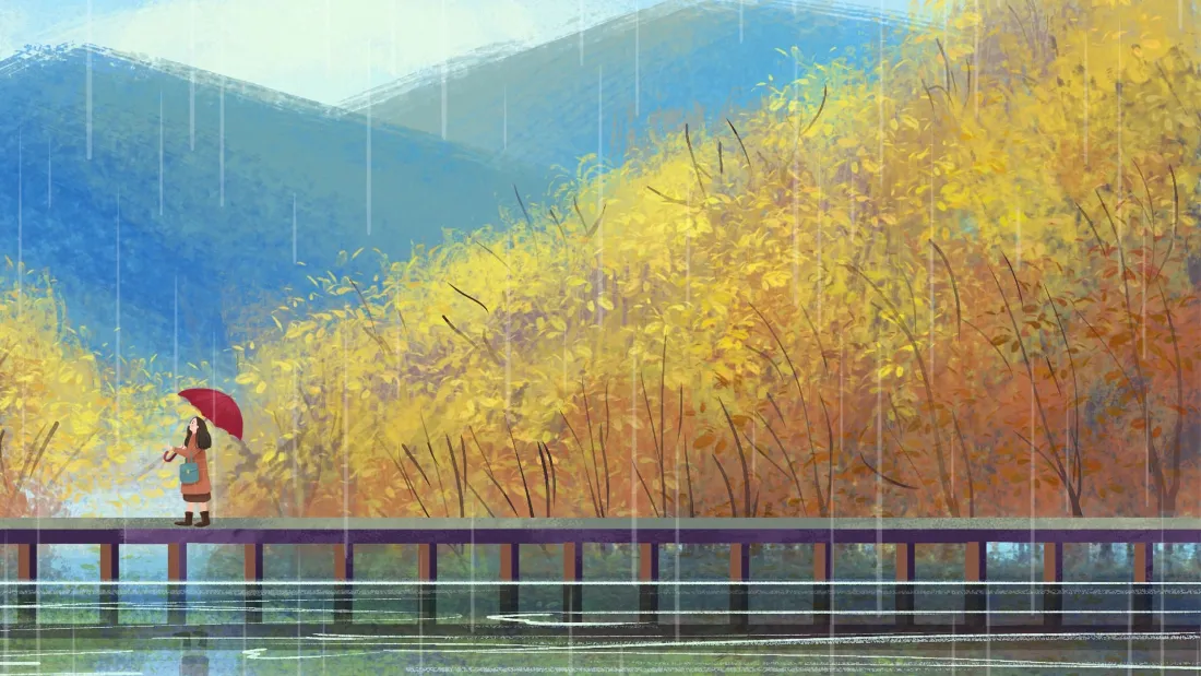 2k治愈插画壁纸｜简约清新雨景背景图片 - 秋日打伞女孩「哲风壁纸」