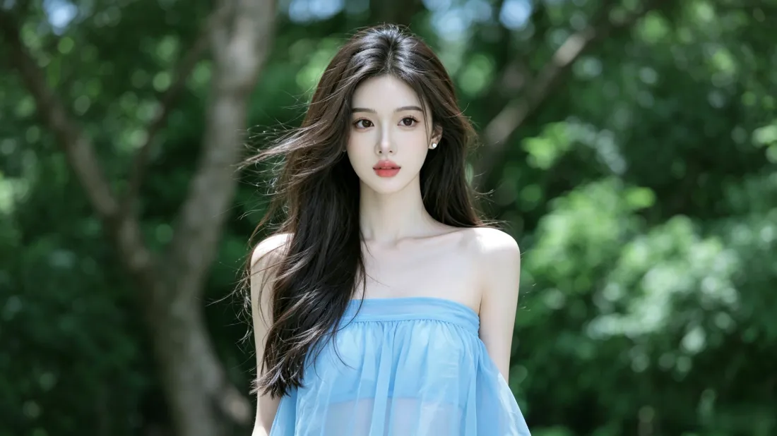 3k长发美女壁纸｜绿色树林背景图片 - 清新夏日氛围感「哲风壁纸」