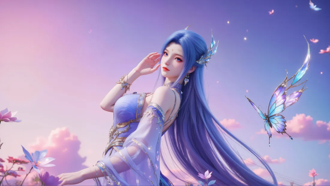 6k唐舞桐壁纸｜斗罗大陆2背景图片 - 蓝发少女蝴蝶粉云「哲风壁纸」