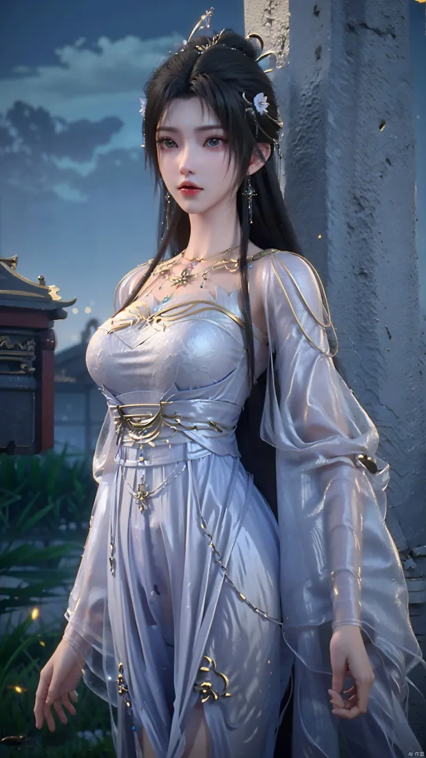 萧薰儿手机壁纸｜古风庭院夜色背景图片 - 淡紫长裙清冷少女「哲风壁纸」