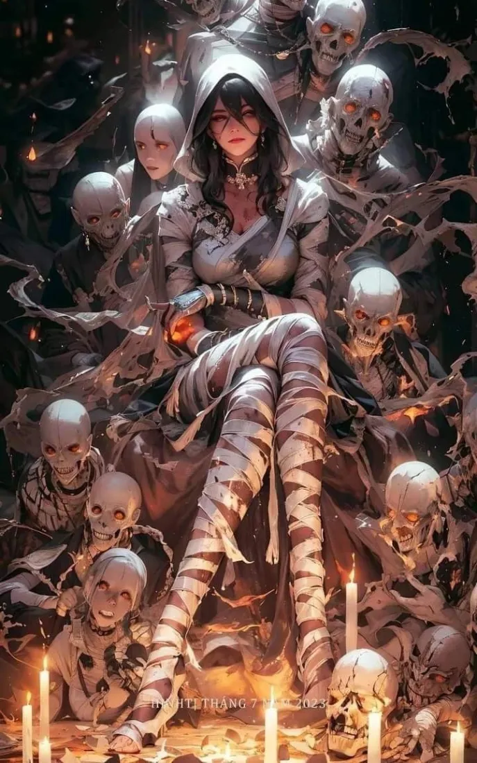 暗黑兜帽女性手机壁纸｜骷髅蜡烛背景图片 - 二次元暗黑插画「哲风壁纸」