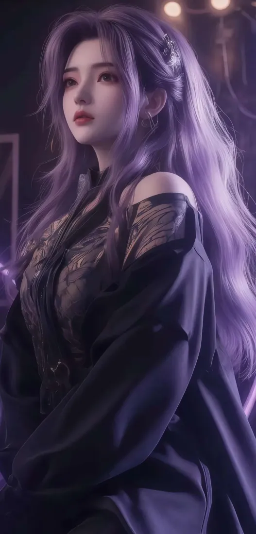 紫发二次元少女手机壁纸｜暗调氛围感背景图片 - 高颜值美女「哲风壁纸」