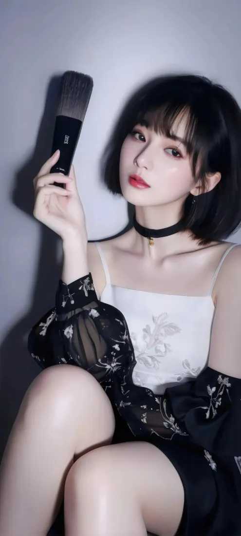 齐刘海短发美女手机壁纸｜浅灰背景图片 - 时尚氛围感写真「哲风壁纸」