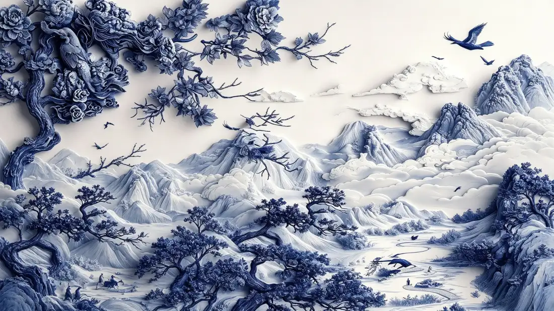 3k青花瓷山水壁纸｜国风云雾群山背景图片 - 松树飞鸟「哲风壁纸」