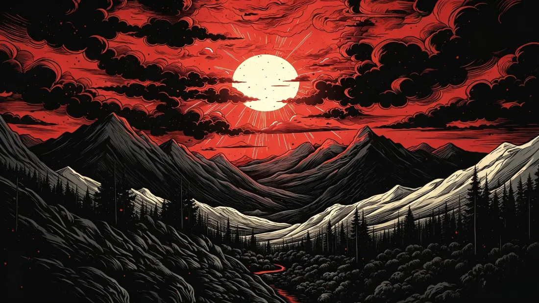 3k暗黑山脉插画壁纸｜赤红落日背景图片 - 艺术风景「哲风壁纸」
