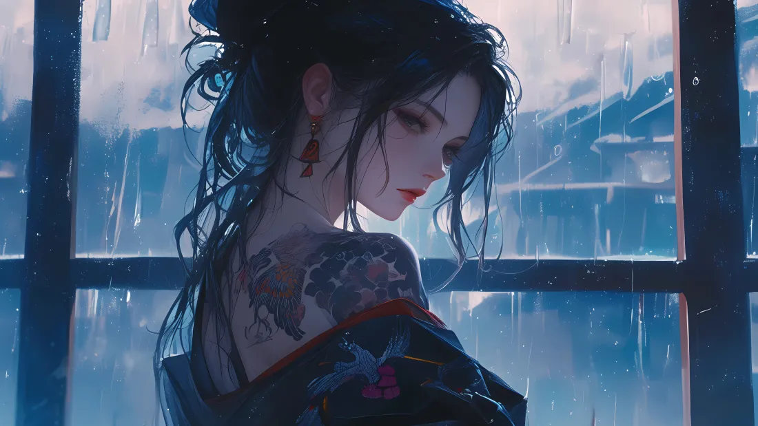 6k国风二次元美女壁纸｜雨天窗边背景图片 - 酷飒纹身少女「哲风壁纸」