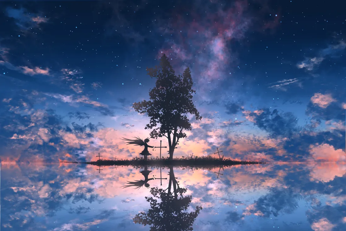4k古早风插画壁纸｜夕阳湖景背景图片 - 树木天空剪影「哲风壁纸」