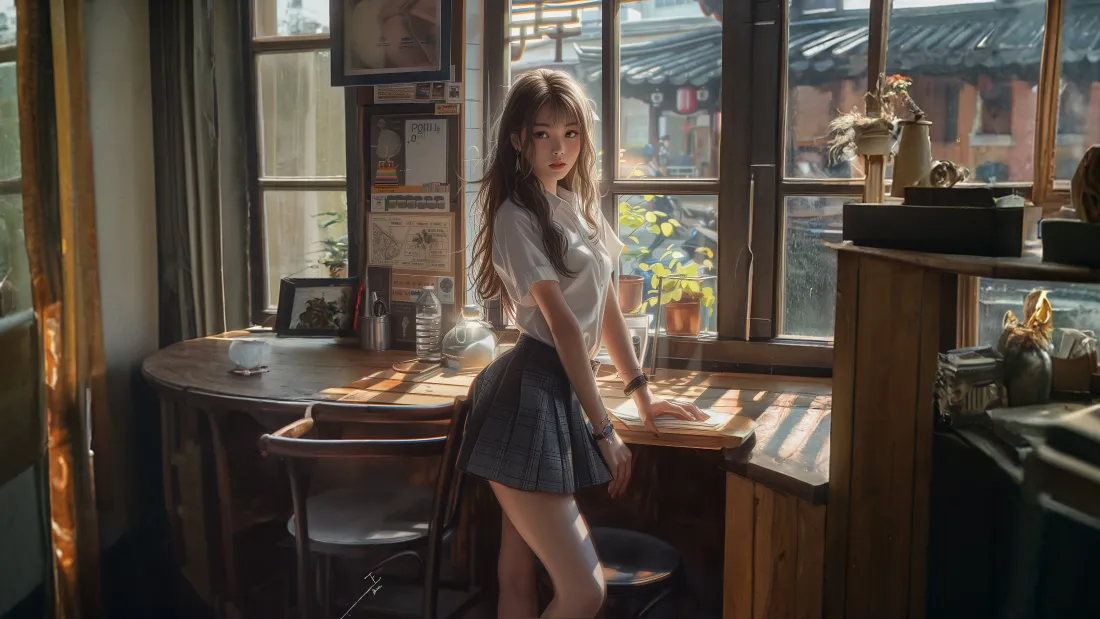 4k写实美女壁纸｜暖光咖啡店背景图片 - JK制服氛围感写真「哲风壁纸」