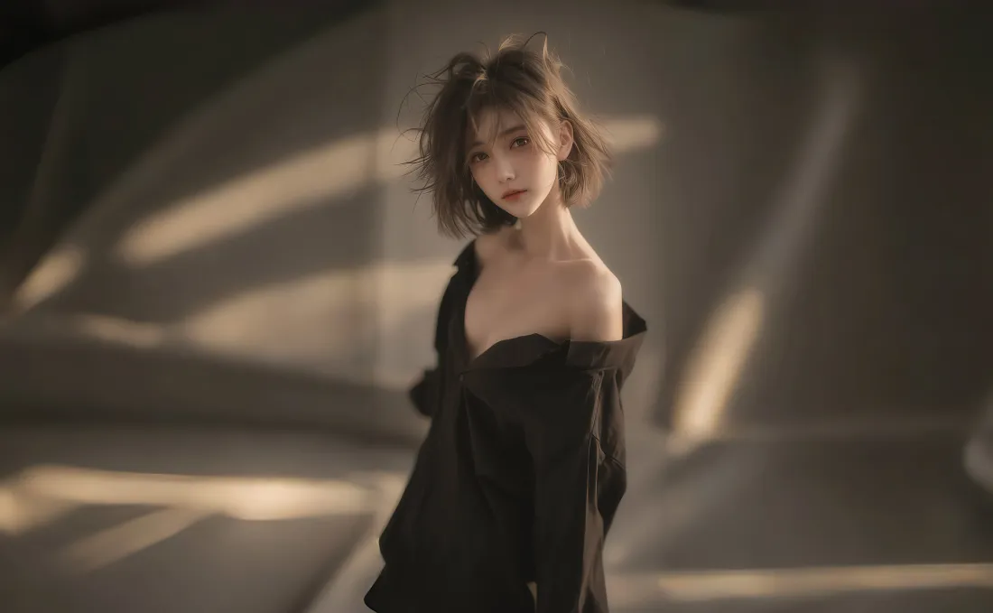5k写实美女壁纸｜光影室内背景图片 - 露肩黑裙气质人像「哲风壁纸」