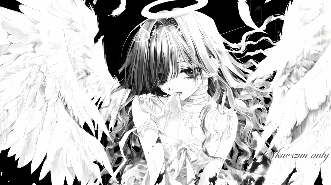 2k绷带天使少女壁纸｜黑白翅膀背景图片 - 二次元动漫插画「哲风壁纸」