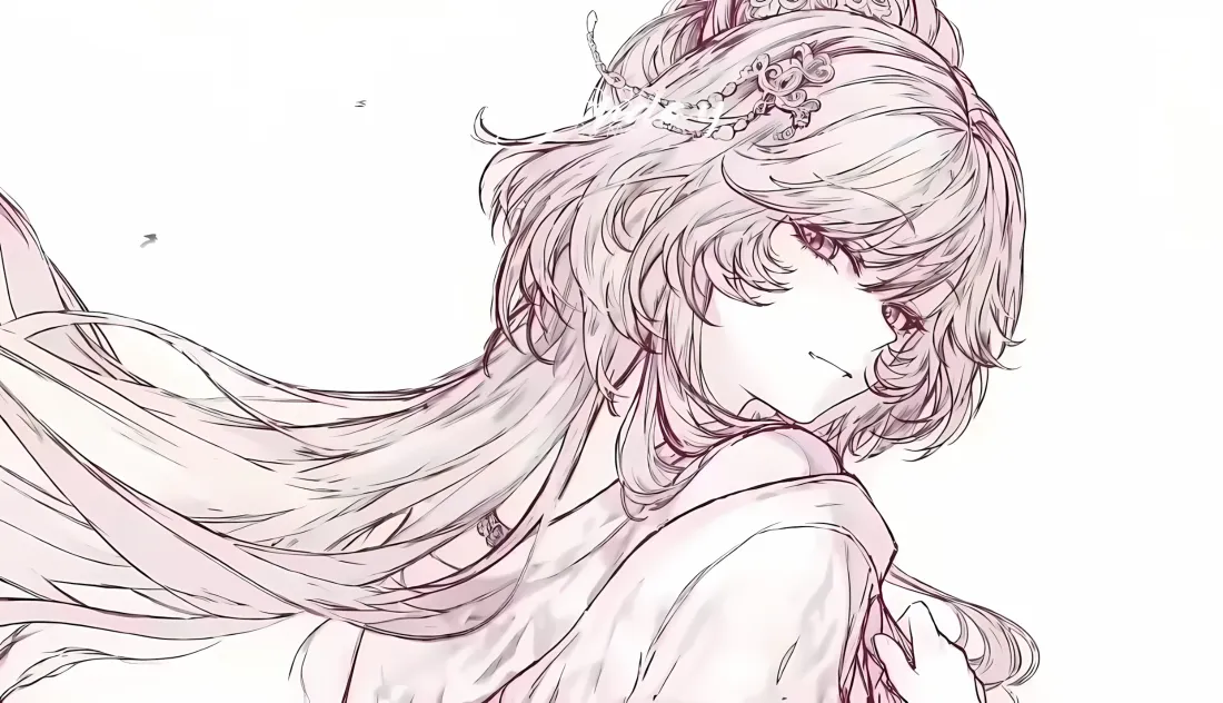 2k淡粉长发古风少女壁纸｜线稿手绘背景图片 - 二次元插画「哲风壁纸」