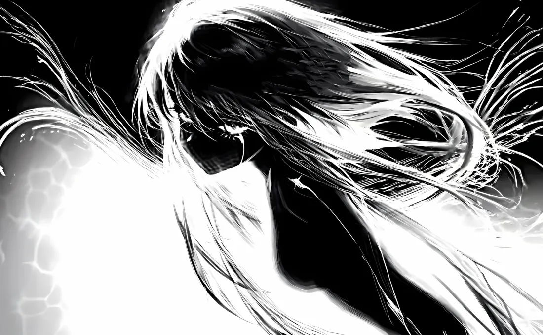2k剪影少女壁纸｜黑白飘逸长发背景图片 - 创意艺术插画「哲风壁纸」