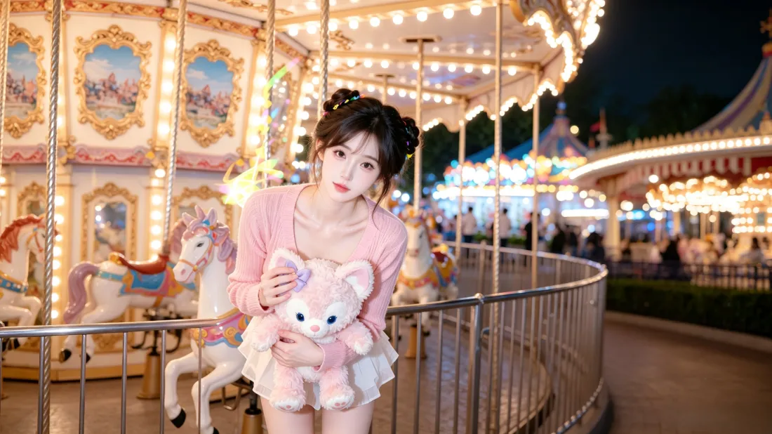 3k甜妹壁纸｜游乐园旋转木马背景图片 - 可爱少女夜晚写真「哲风壁纸」