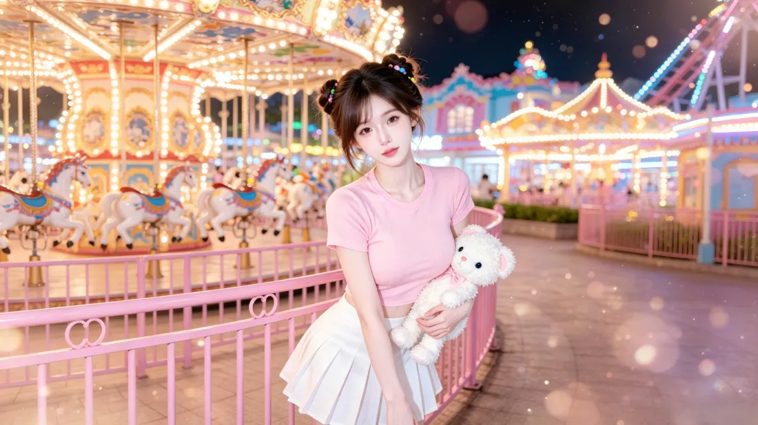 3k双马尾少女壁纸｜游乐园旋转木马背景图片 - 甜美风「哲风壁纸」