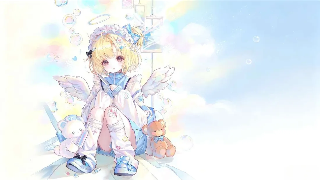 2k金发天使少女壁纸｜蓝天白云背景图片 - 软萌清新插画「哲风壁纸」