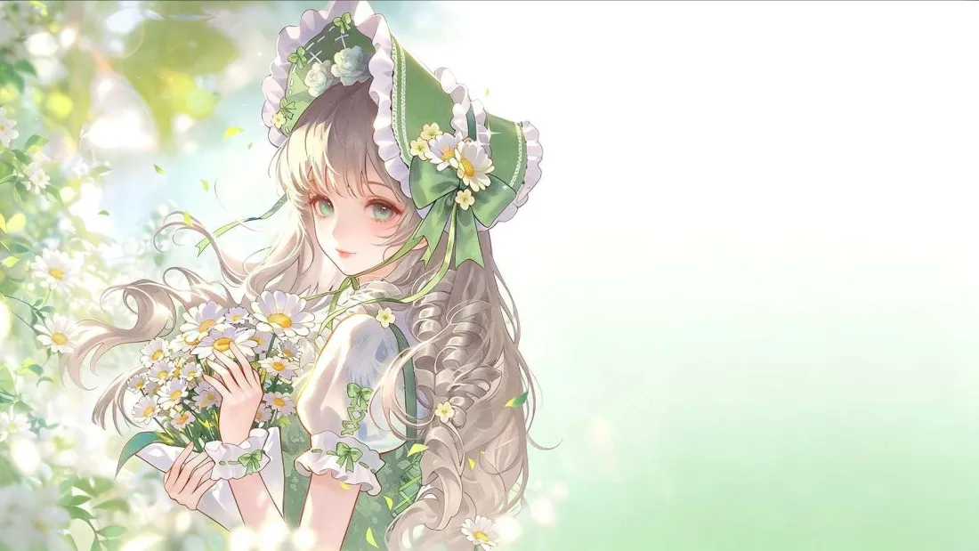 2k清新金发二次元少女壁纸｜阳光花束绿植背景图片 - 治愈风插画「哲风壁纸」