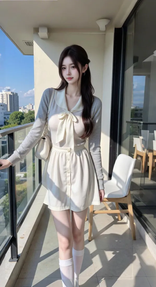 清纯美女手机壁纸｜阳台休闲背景图片 - 甜系温柔穿搭「哲风壁纸」