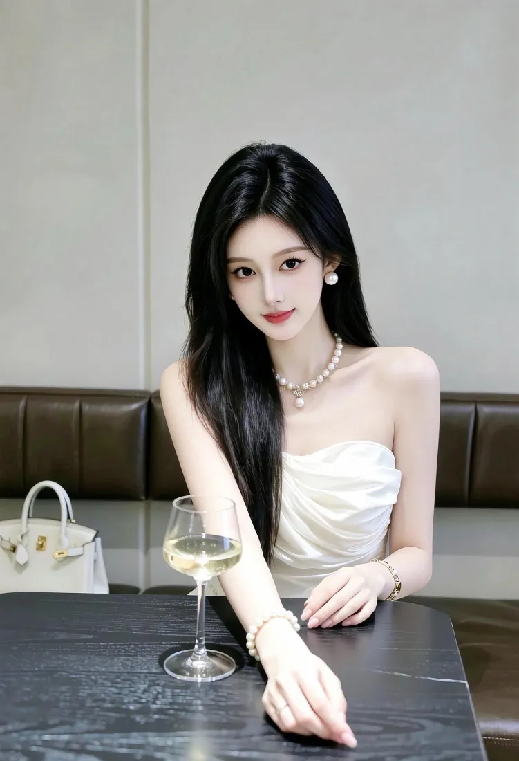 气质美女手机壁纸｜轻奢餐厅背景图片 - 白色抹胸裙穿搭「哲风壁纸」