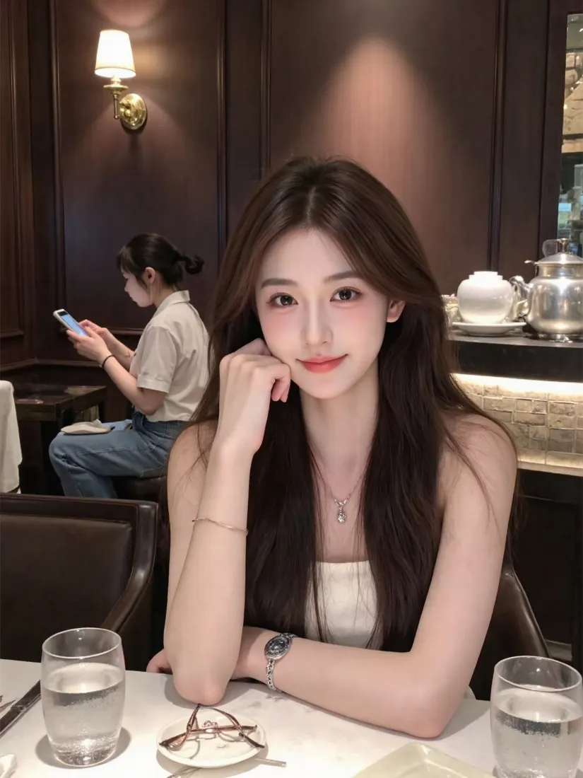 长发美女手机壁纸｜餐厅拍摄背景图片 - 氛围感休闲写真「哲风壁纸」