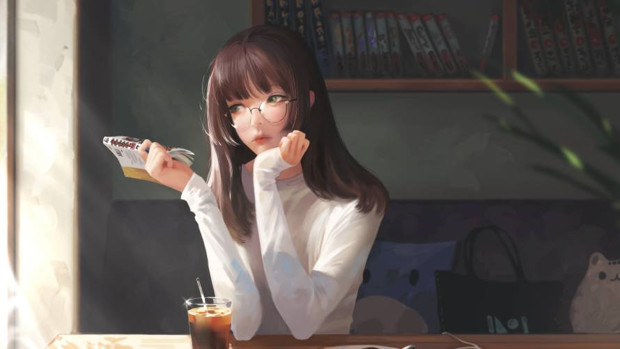 4k图书壁纸-咖啡店和眼镜-动漫女孩热门的壁纸「哲风壁纸」
