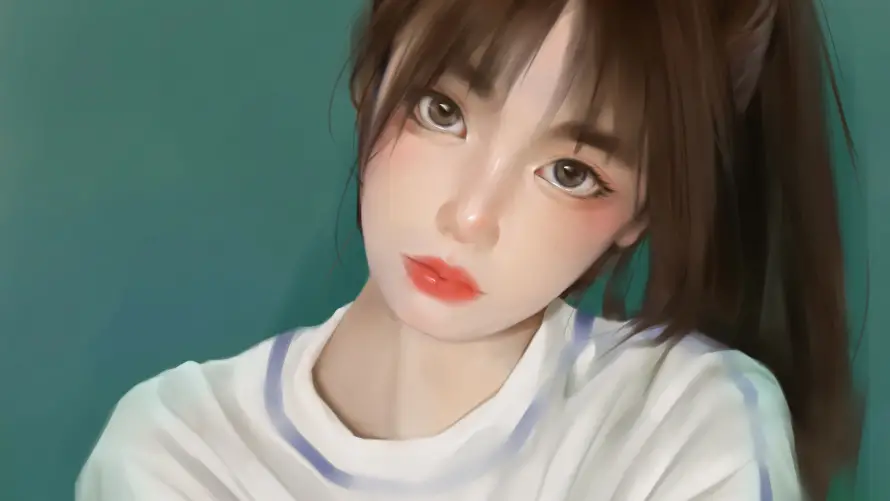 4k油画风壁纸-绿背景与高马尾美女-热门的壁纸「哲风壁纸」