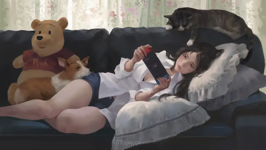 2k猫咪壁纸-躺在沙发的美女与-热门的壁纸「哲风壁纸」