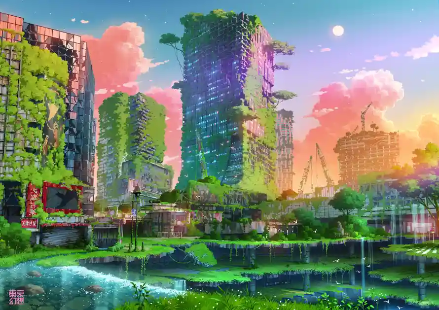 2k东京幻想壁纸-长满草的城市与-壁纸推荐「哲风壁纸」