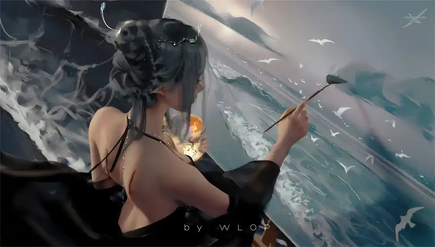 8kWLOP壁纸-海畔作画与鬼刀风铃-免费下载「哲风壁纸」