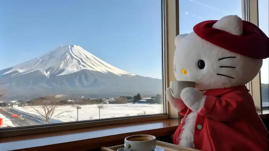 6k玩偶壁纸-凯蒂猫和富士山-窗边场景热门的壁纸「哲风壁纸」