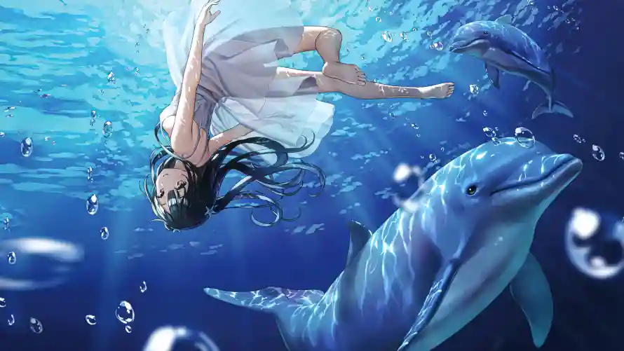 4k少女壁纸-少女插画和海豚-梦幻海洋免费下载「哲风壁纸」