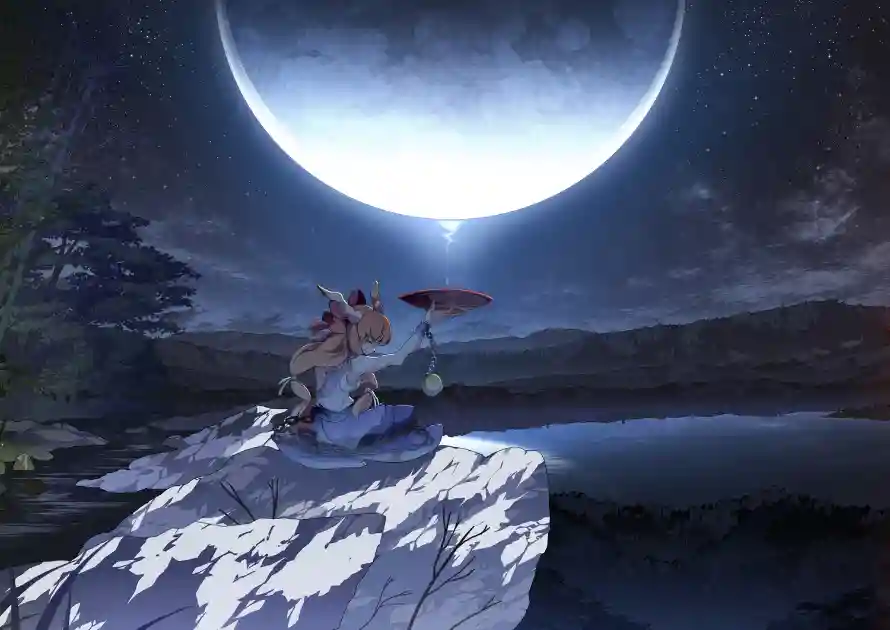 2k东方壁纸-伊吹萃香与岩石插画-月夜场景「哲风壁纸」