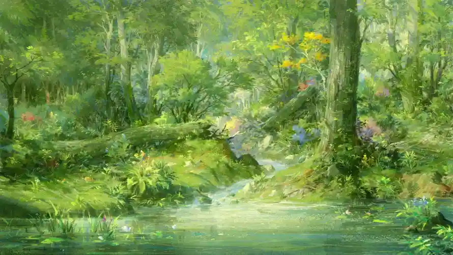 2k插画壁纸-丛林溪流和艺术-插画背景免费下载「哲风壁纸」