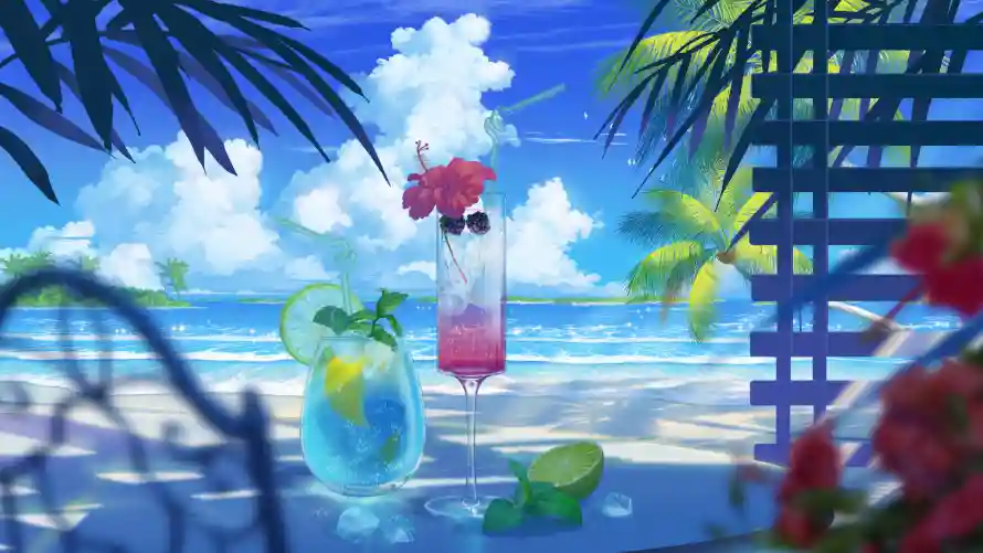 2k夏季壁纸-棕榈叶壁纸和清爽-冷饮插画免费下载「哲风壁纸」