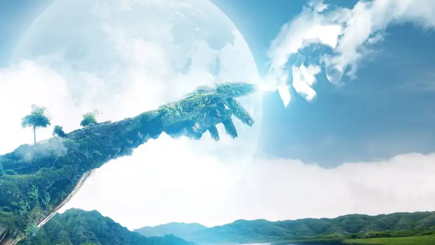 2k场景壁纸-空中树木平台与奇幻-天空连接岩台「哲风壁纸」