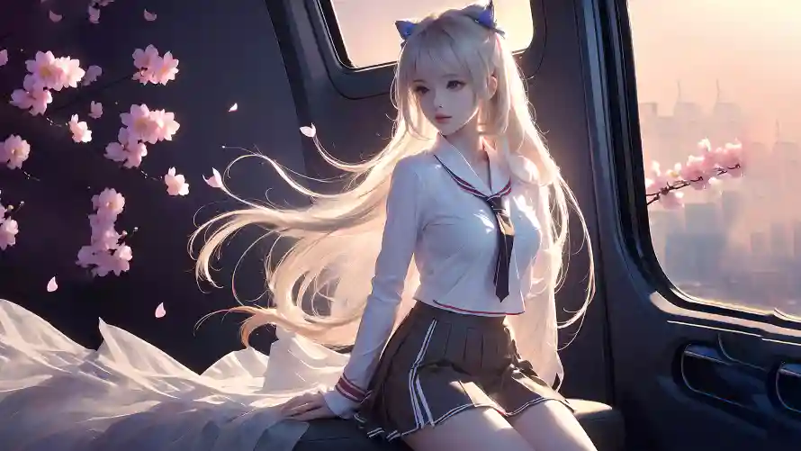 4k少女壁纸-学生制服与樱花场景-猫耳少女「哲风壁纸」