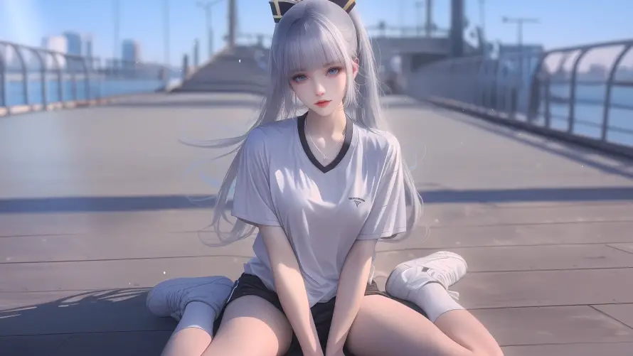 4k银发壁纸-少女坐姿与户外场景-桥边背景「哲风壁纸」