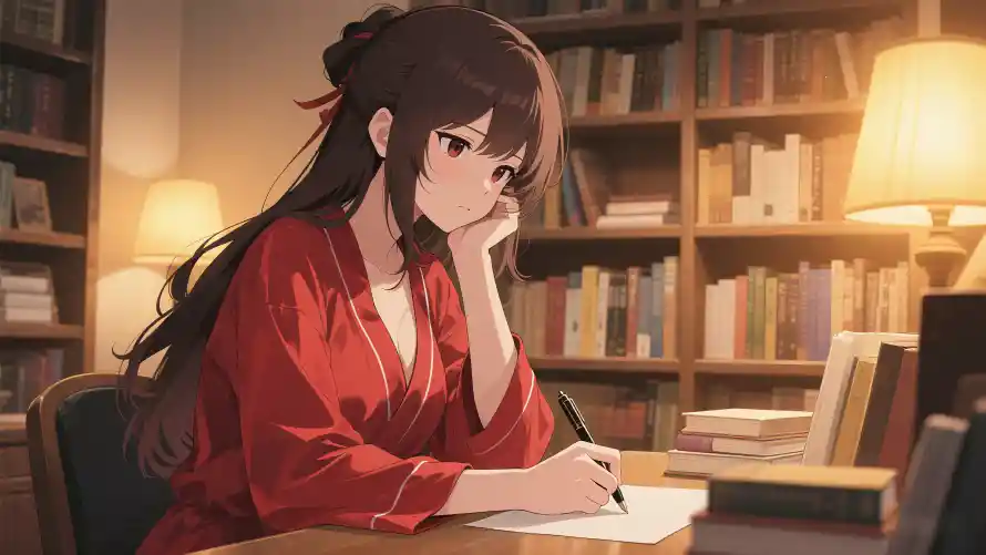 4k红衣壁纸 - 书架 - 动漫插画 - 红衣少女「哲风壁纸」