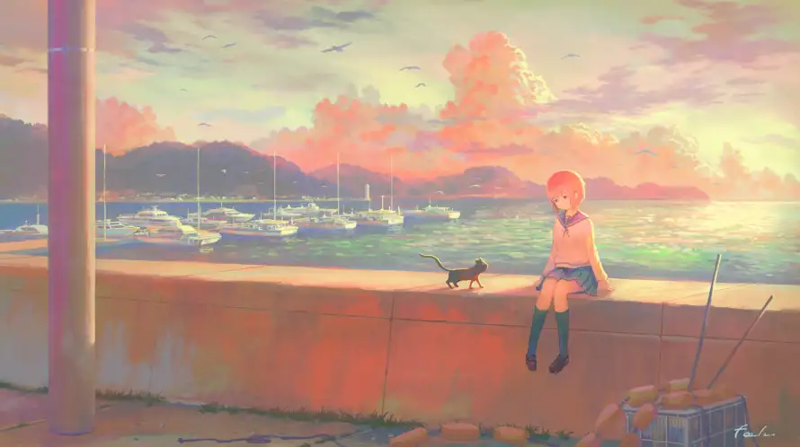 2k女孩壁纸-二次元 - 少女与猫-日系插画「哲风壁纸」