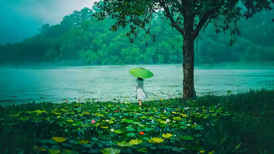 4k下雨壁纸 - 湖畔 - 绿伞 - wallpaper「哲风壁纸」