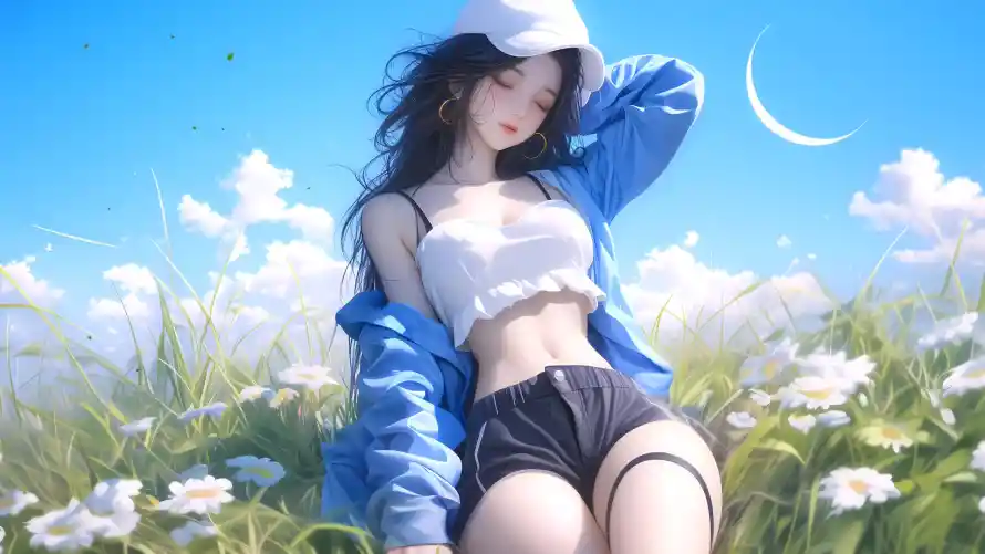 2k性感壁纸-动漫少女与草地-夏日晴空壁纸分享「哲风壁纸」