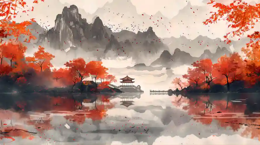 8k壁纸壁纸-山水倒影与水墨-水墨意境热门的壁纸「哲风壁纸」