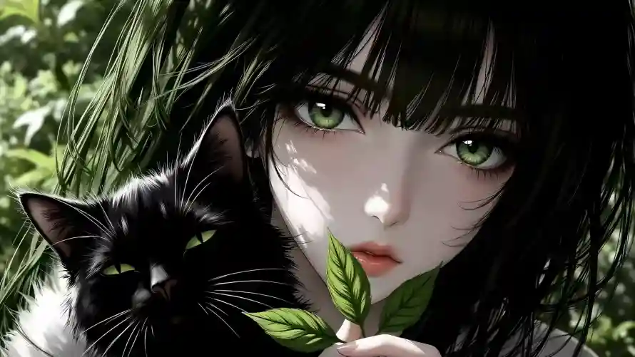 2k绿瞳壁纸-少女与猫壁纸和黑猫-少女和猫壁纸推荐「哲风壁纸」