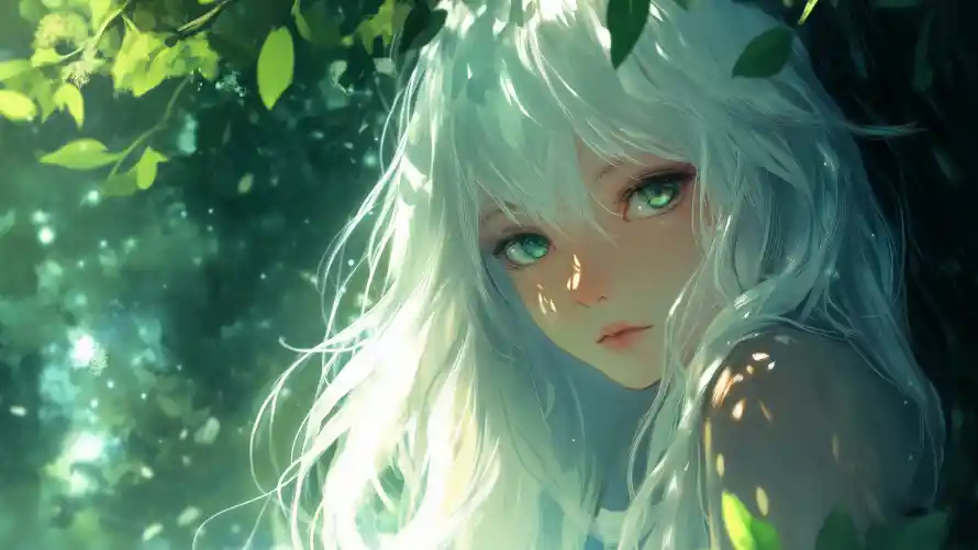 4k绿叶壁纸 - 白发女孩 - 树荫光影 - wallpaper「哲风壁纸」