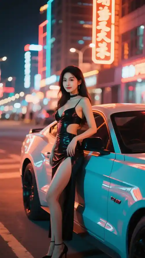 4k美女壁纸 - 车模 - 夜间车模 - 时尚车模「哲风壁纸」