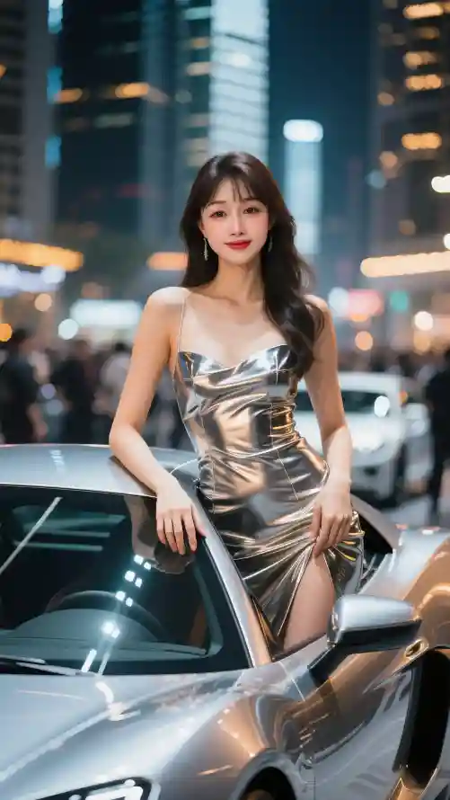 4k美女壁纸 - 魅力 - 跑车旁美女 - 夜晚街头美女「哲风壁纸」