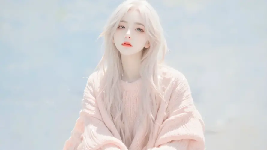 2k少女壁纸-冷白皮和淡蓝背景-温柔氛围「哲风壁纸」