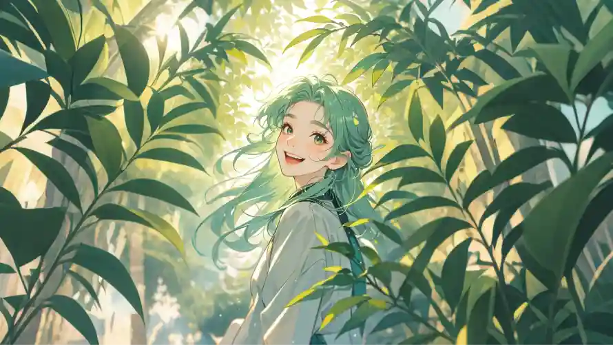 4k阳光壁纸 - 绿发女孩 - 草丛中笑 - wallpaper「哲风壁纸」