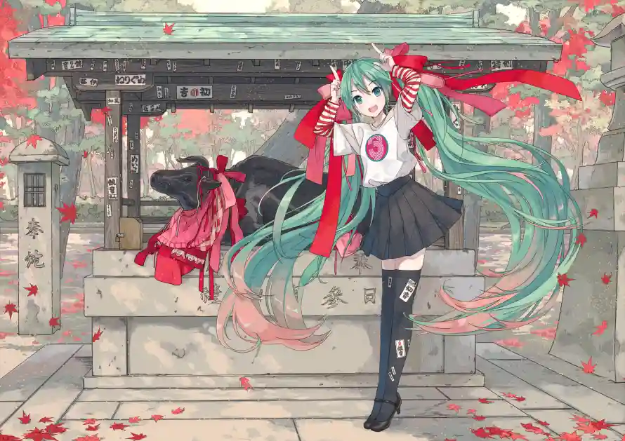 2k寺庙壁纸-双马尾与红叶-初音未来免费下载「哲风壁纸」