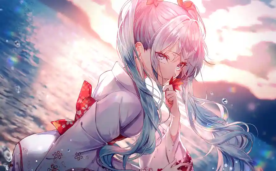 4k海边壁纸-初音未来和动漫插画-夕阳海景「哲风壁纸」
