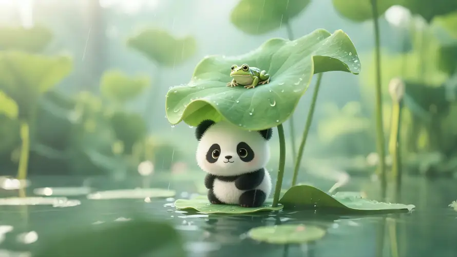4kAI壁纸 - 熊猫青蛙 - 下雨荷塘 - wallpaper「哲风壁纸」